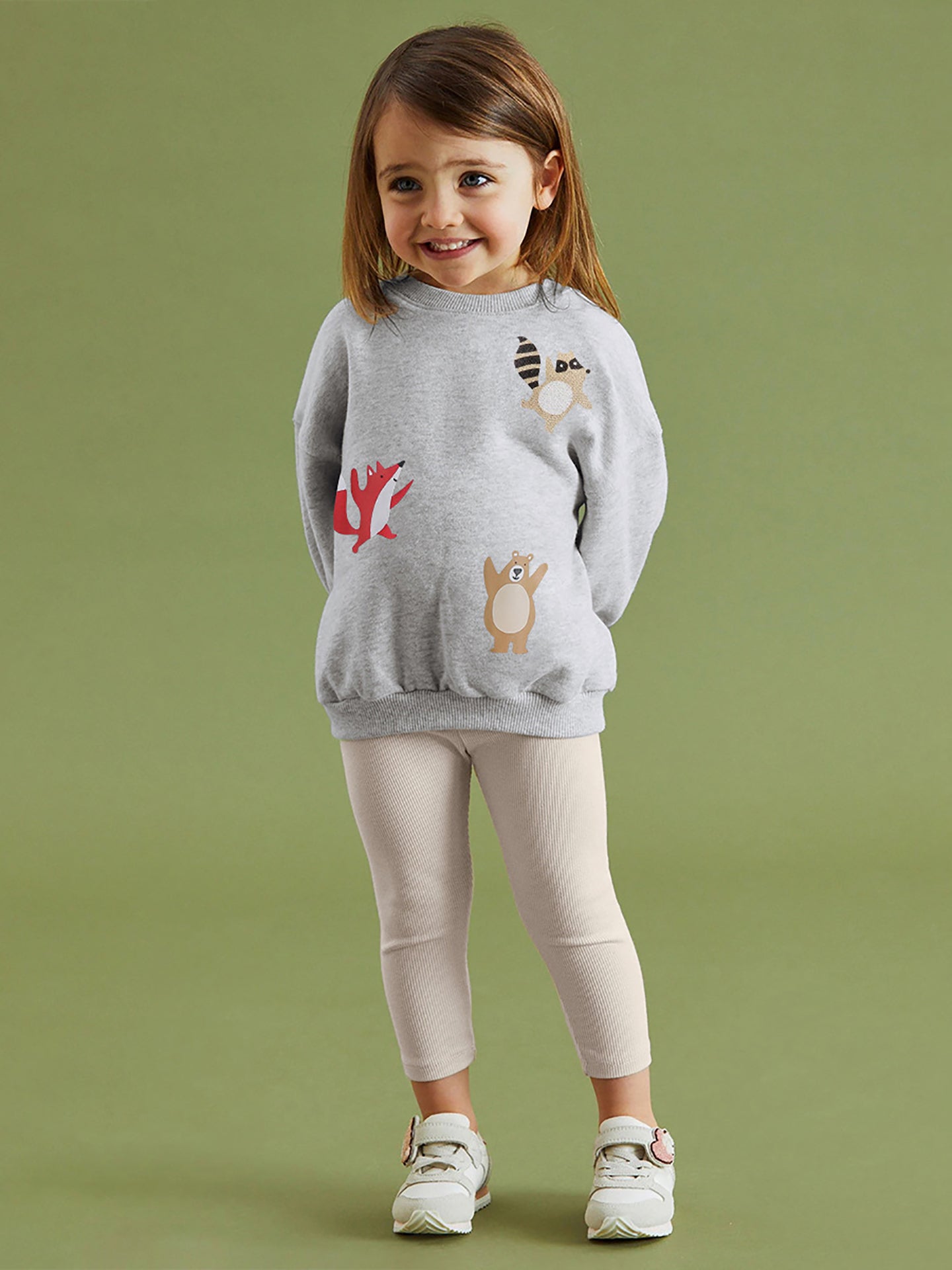 Girls Grey & Off White Printed Pure Cotton Sweatshirt with Leggings