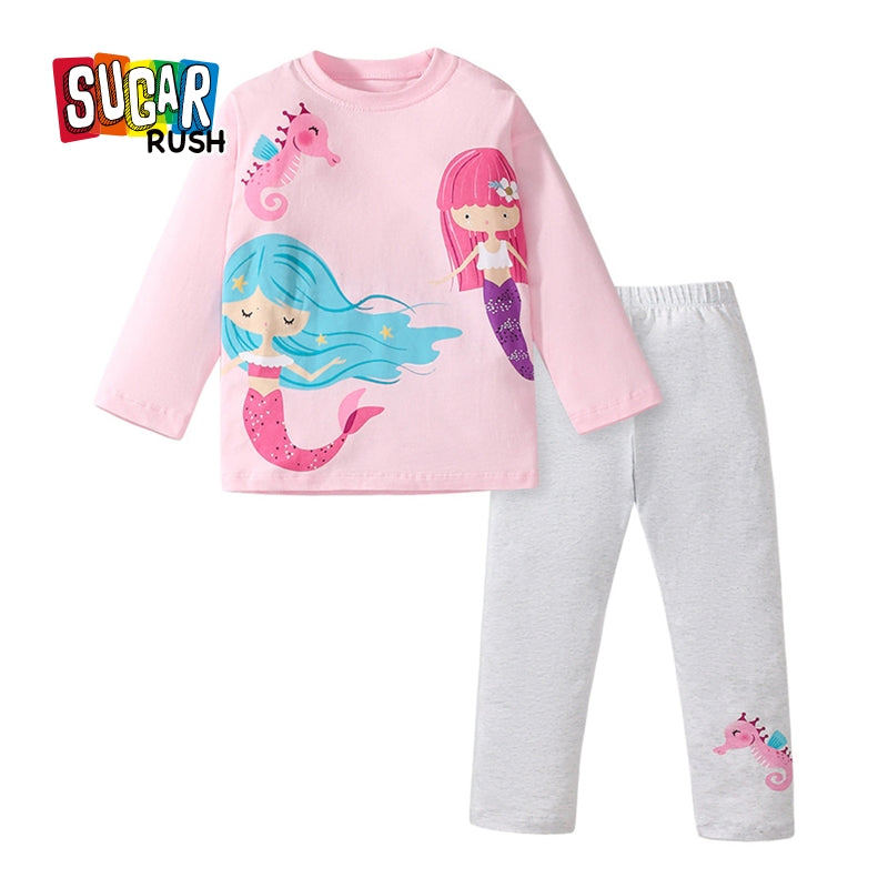 Girls Mermaid Printed Pure Cotton Top With Leggings