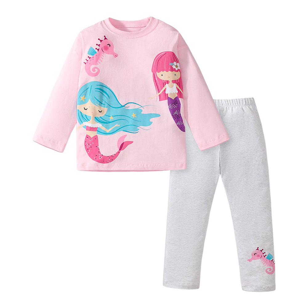 Girls Mermaid Printed Pure Cotton Top With Leggings