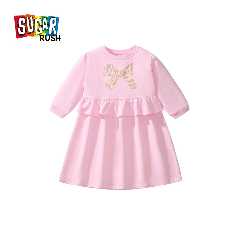 Girls Cotton Round Neck Long Sleeves Print A-Line Dress
