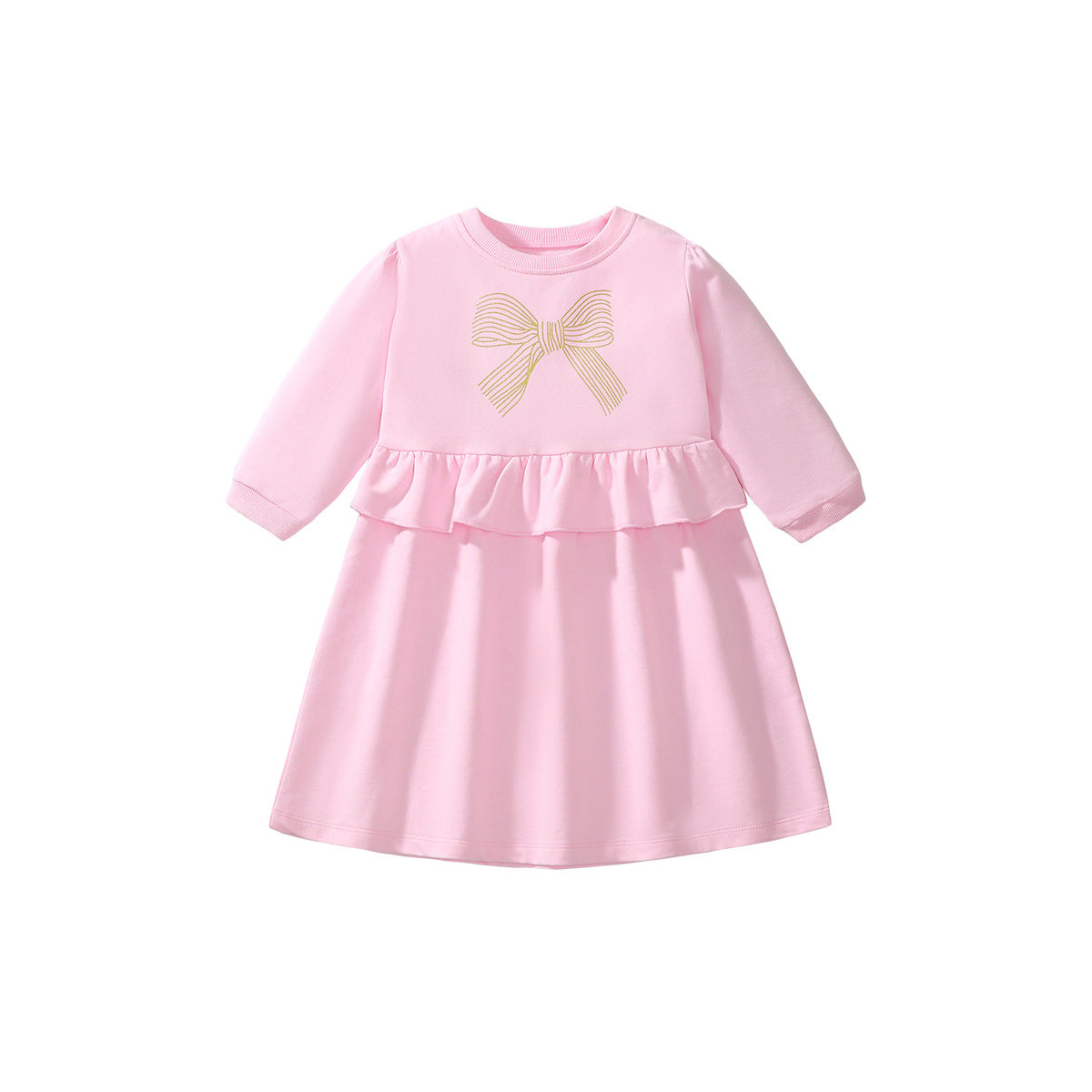 Girls Cotton Round Neck Long Sleeves Print A-Line Dress