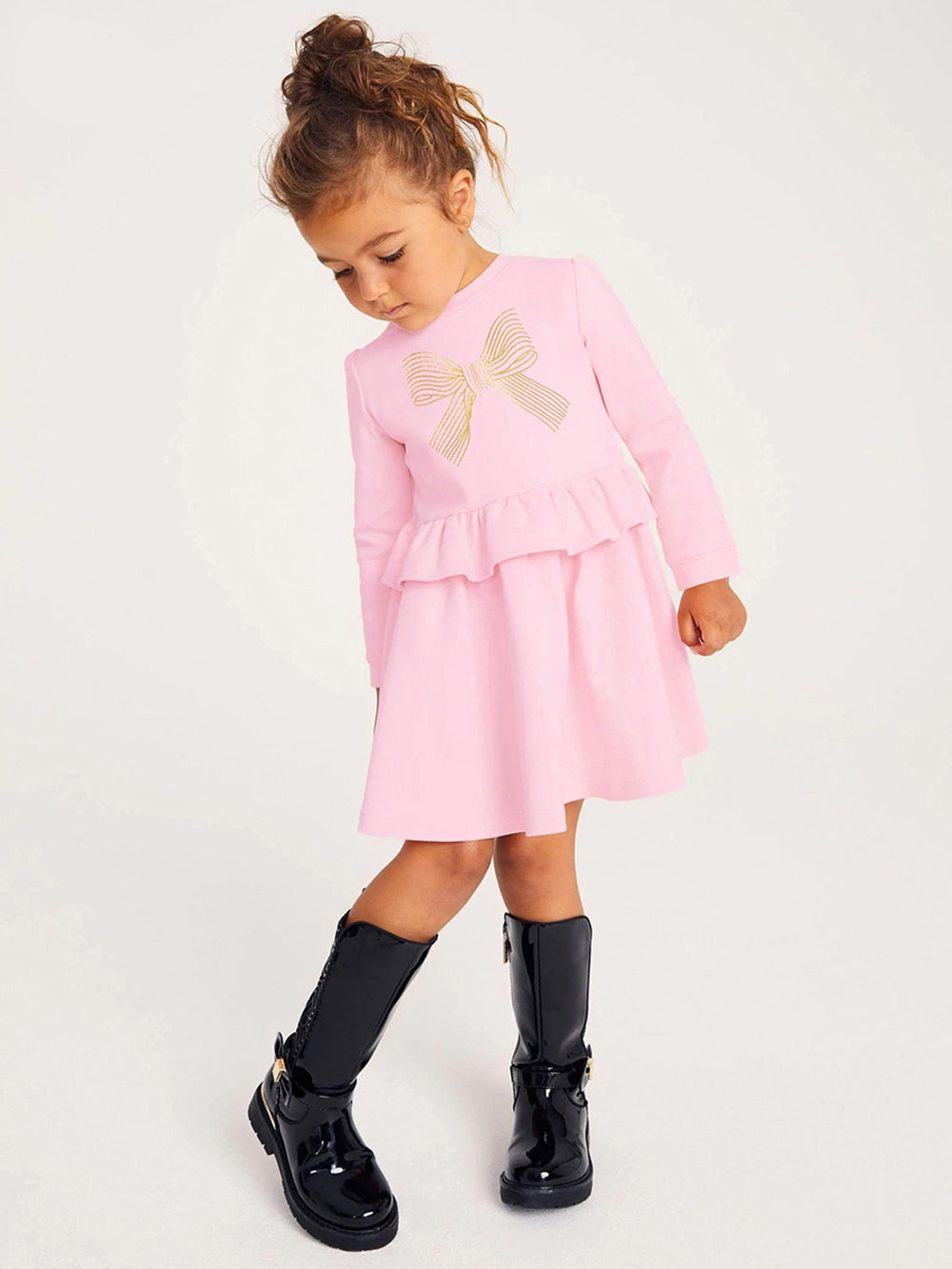Girls Cotton Round Neck Long Sleeves Print A-Line Dress