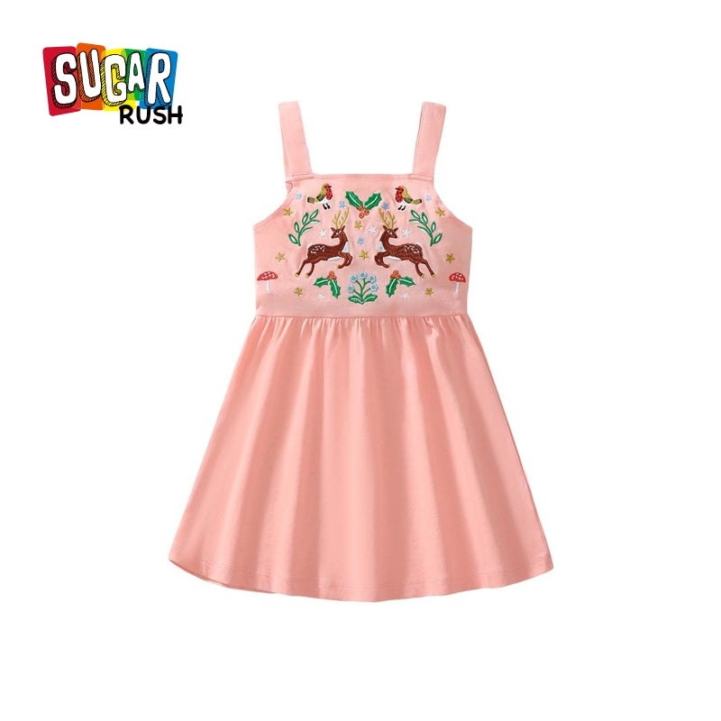 Girls Embroidered Shoulder Straps Cotton Fit & Flare Dress