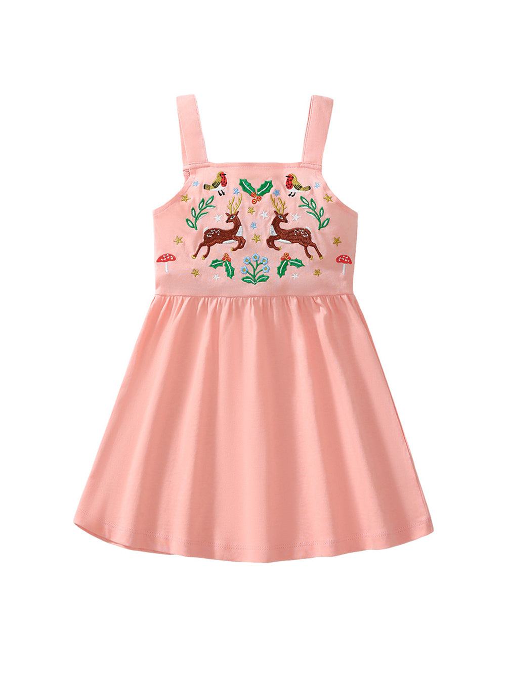 Girls Embroidered Shoulder Straps Cotton Fit & Flare Dress