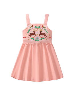 Girls Embroidered Shoulder Straps Cotton Fit & Flare Dress
