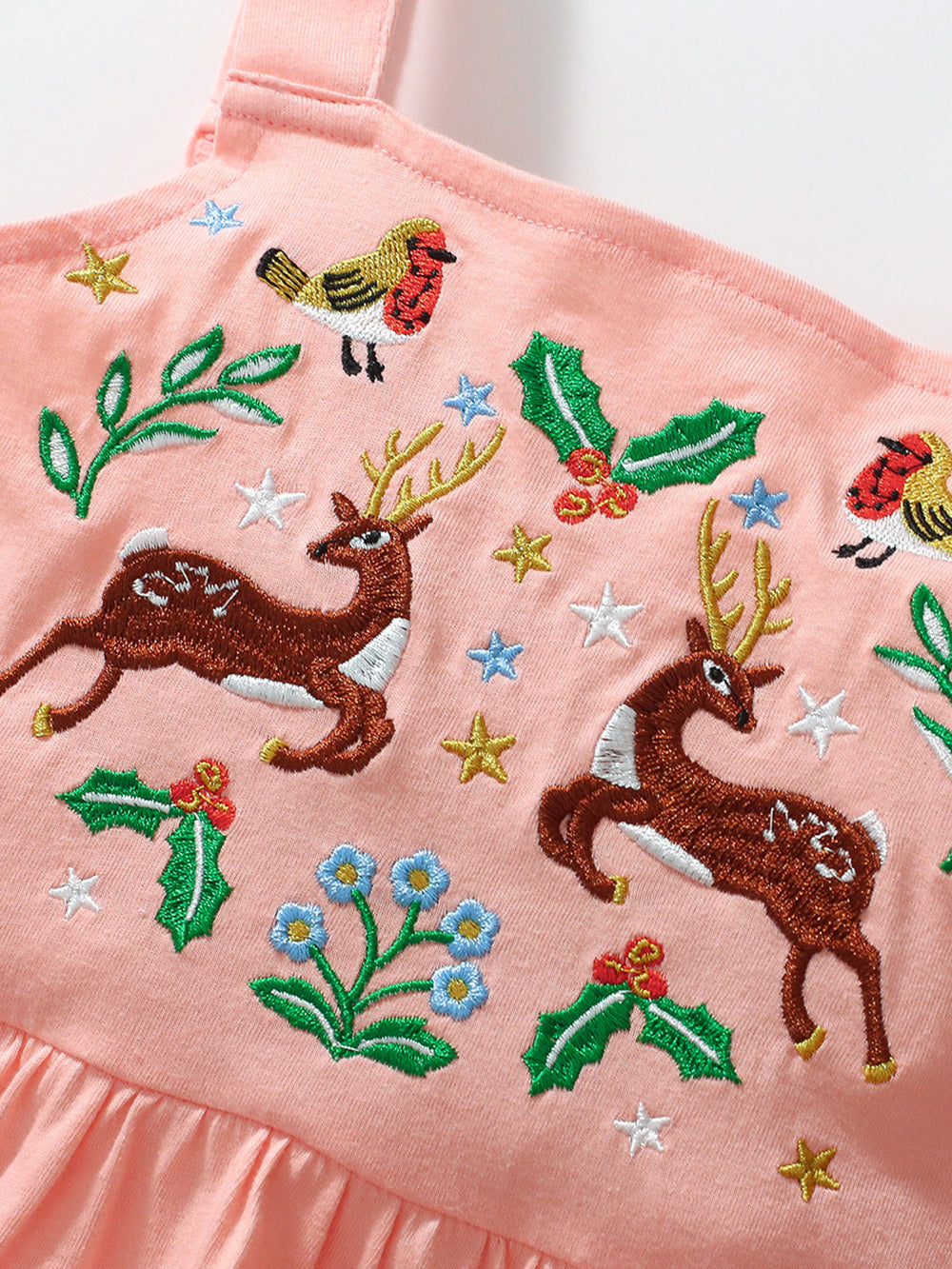Girls Embroidered Shoulder Straps Cotton Fit & Flare Dress