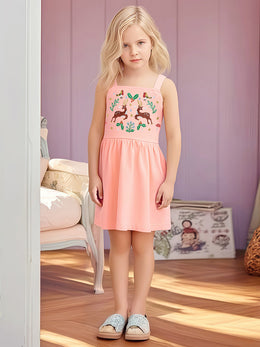 Girls Embroidered Shoulder Straps Cotton Fit & Flare Dress