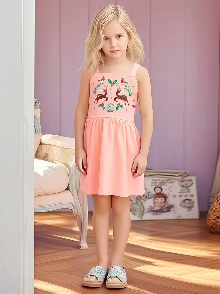 Girls Embroidered Shoulder Straps Cotton Fit & Flare Dress