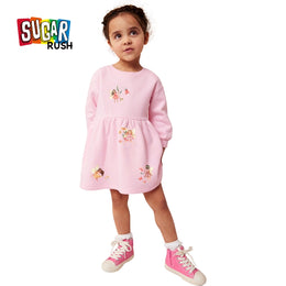 Conversational Print Cuffed Sleeves Fit and Flare Dress