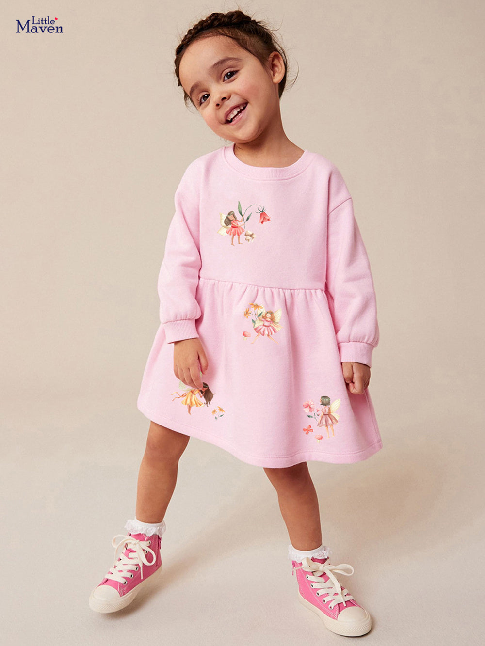 Conversational Print Cuffed Sleeves Fit and Flare Dress