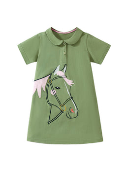 Girls Abstract Embroidered Peter Pan Collar A-Line Midi Dress