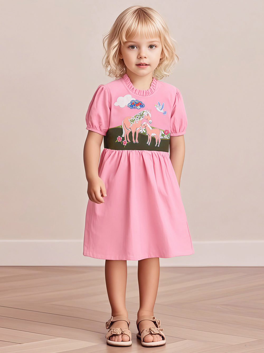 Girls Print Puff Sleeve A-Line Dress