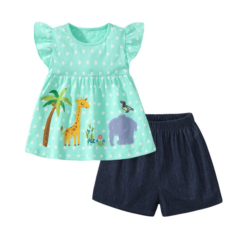 Girls Green & Navy Blue Printed Top with Shorts