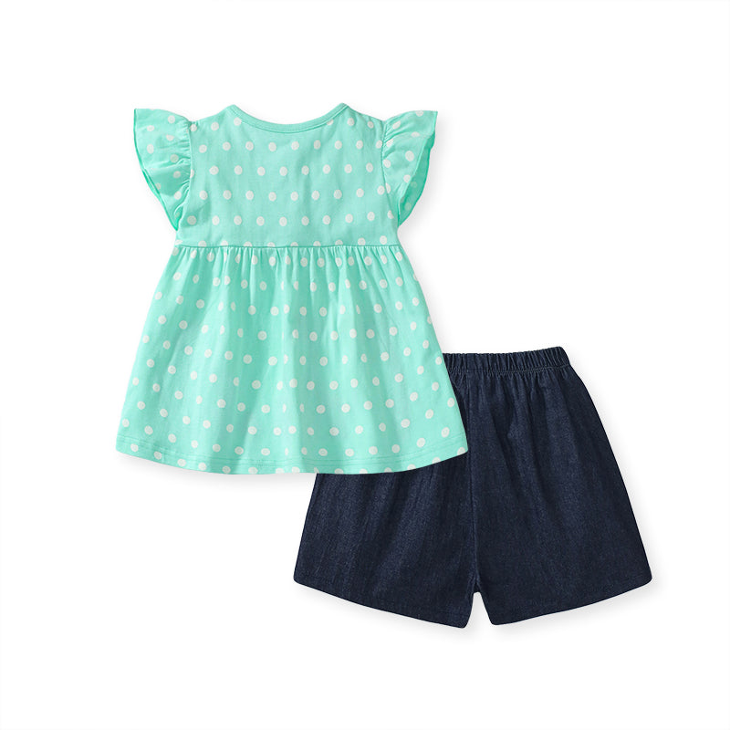Girls Green & Navy Blue Printed Top with Shorts