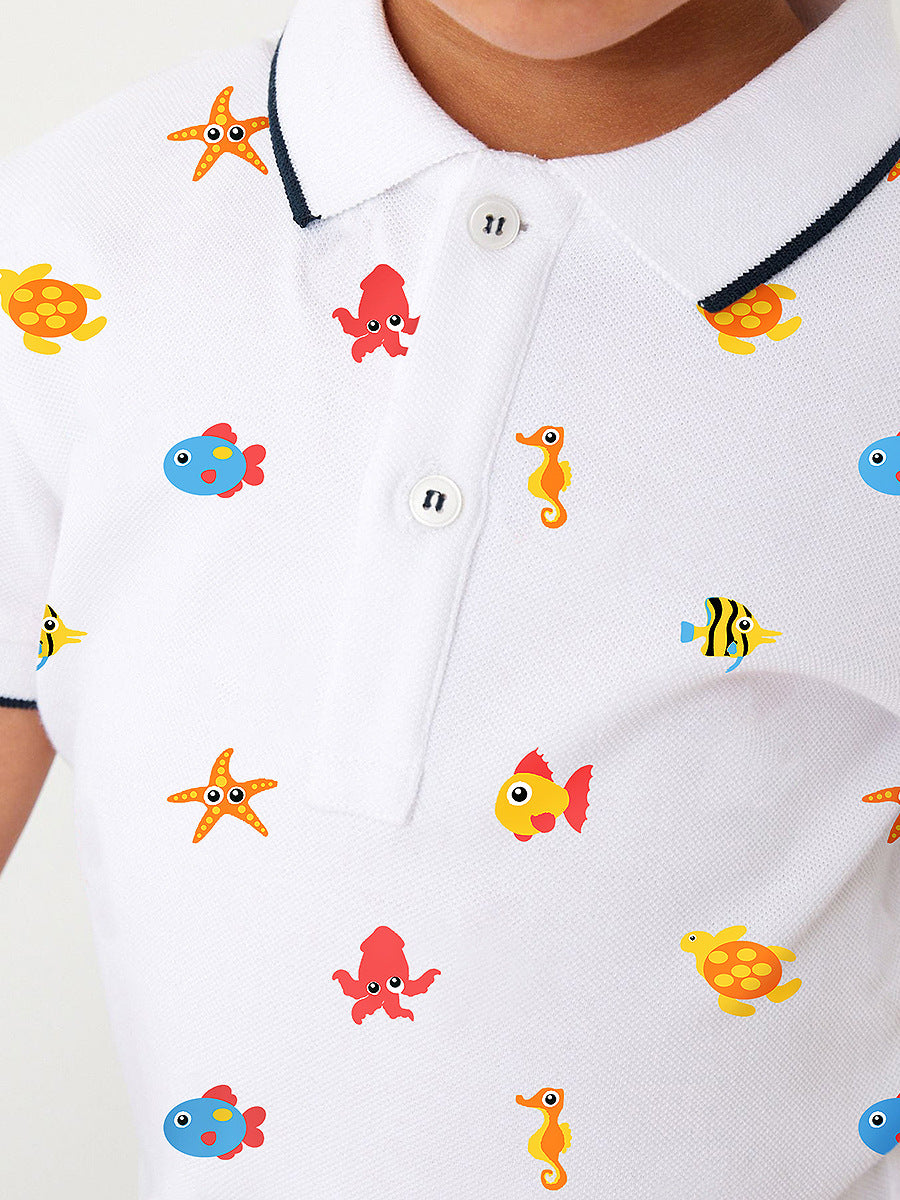 Boys White Graphic Printed Pure Cotton T-Shirt with Shorts