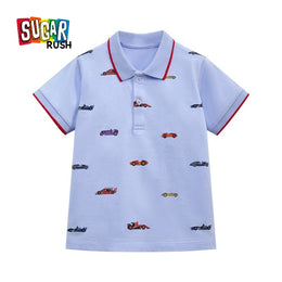 Blue Boys Conversational Printed Polo Collar Cotton T-shirt