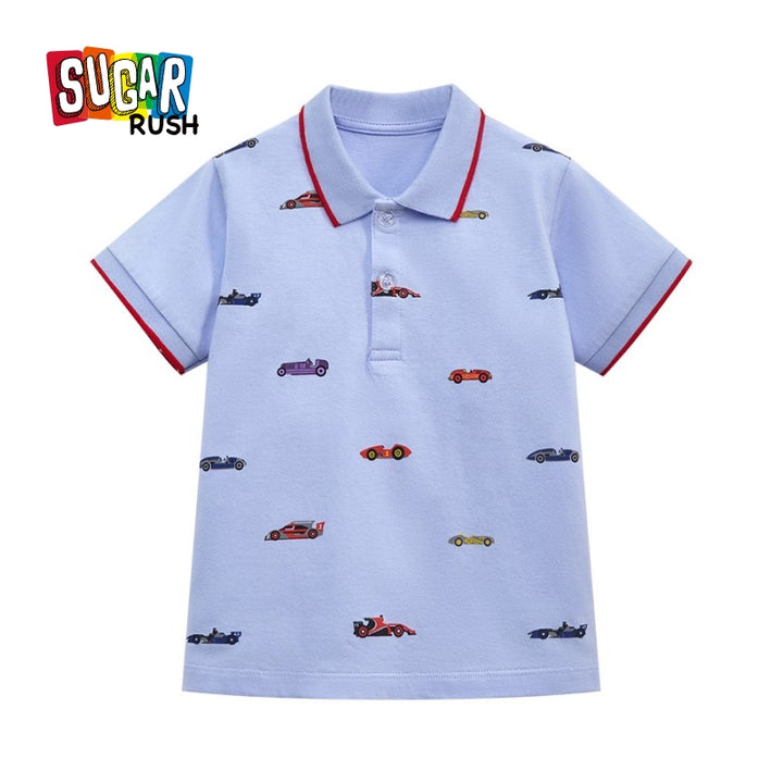 Blue Boys Conversational Printed Polo Collar Cotton T-shirt