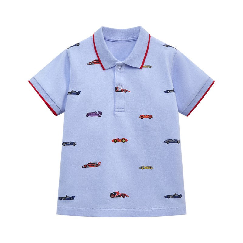 Blue Boys Conversational Printed Polo Collar Cotton T-shirt