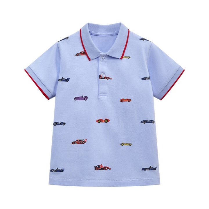 Blue Boys Conversational Printed Polo Collar Cotton T-shirt