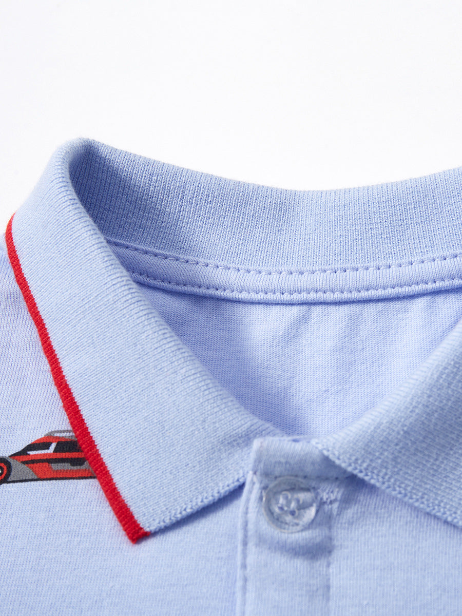 Blue Boys Conversational Printed Polo Collar Cotton T-shirt