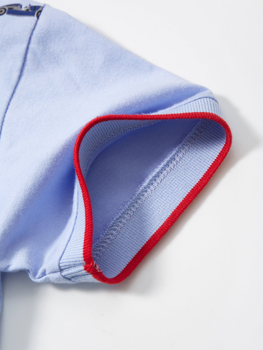 Blue Boys Conversational Printed Polo Collar Cotton T-shirt