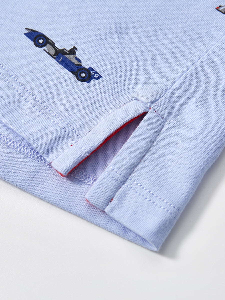 Blue Boys Conversational Printed Polo Collar Cotton T-shirt