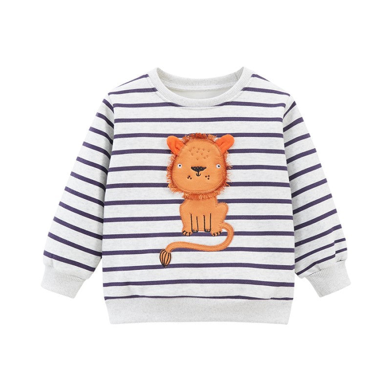 Boys White Striped Long Sleeve Applique Cotton Pullover Sweatshirt