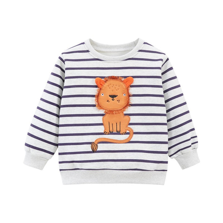 Boys White Striped Long Sleeve Applique Cotton Pullover Sweatshirt