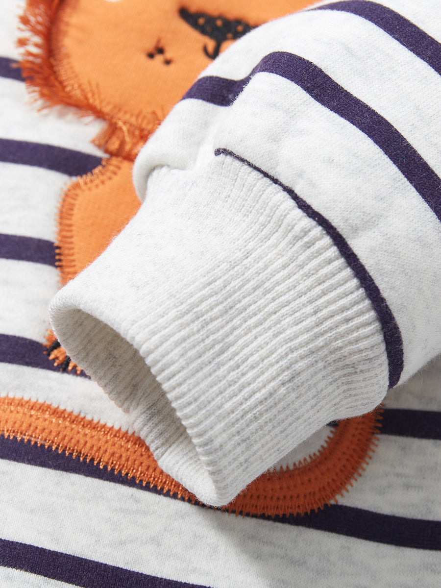 Boys White Striped Long Sleeve Applique Cotton Pullover Sweatshirt