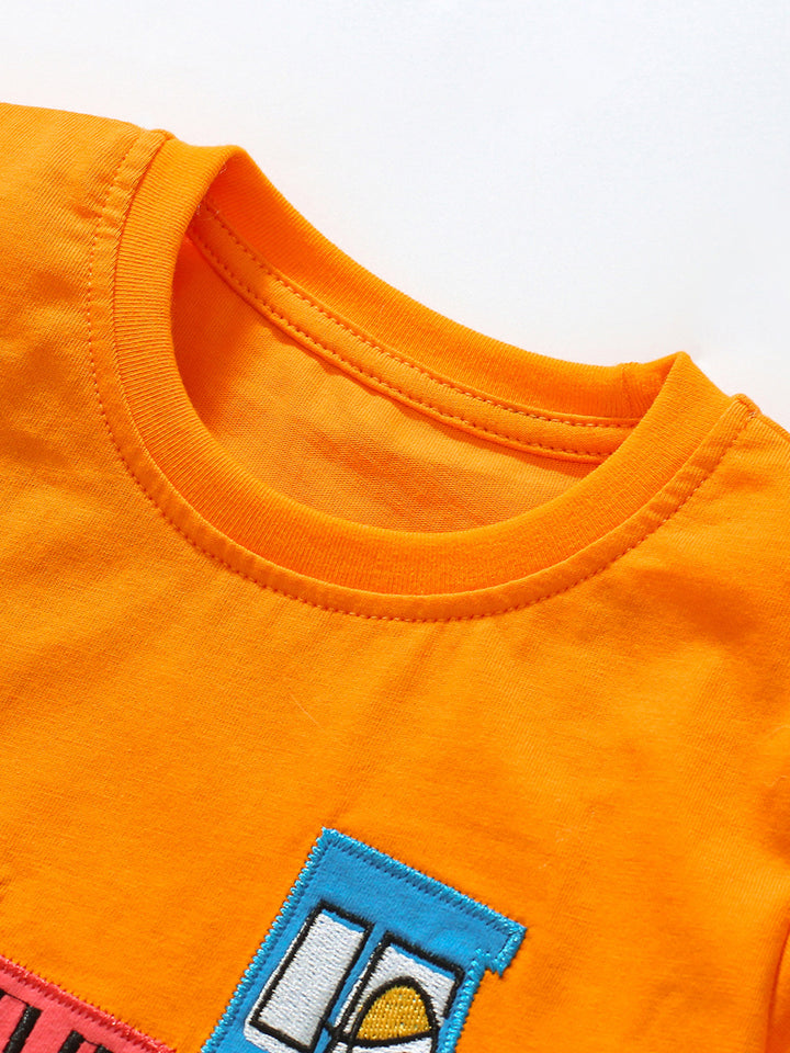 Kids Orange Cotton Printed Regular Fit Round Neck T-shirt