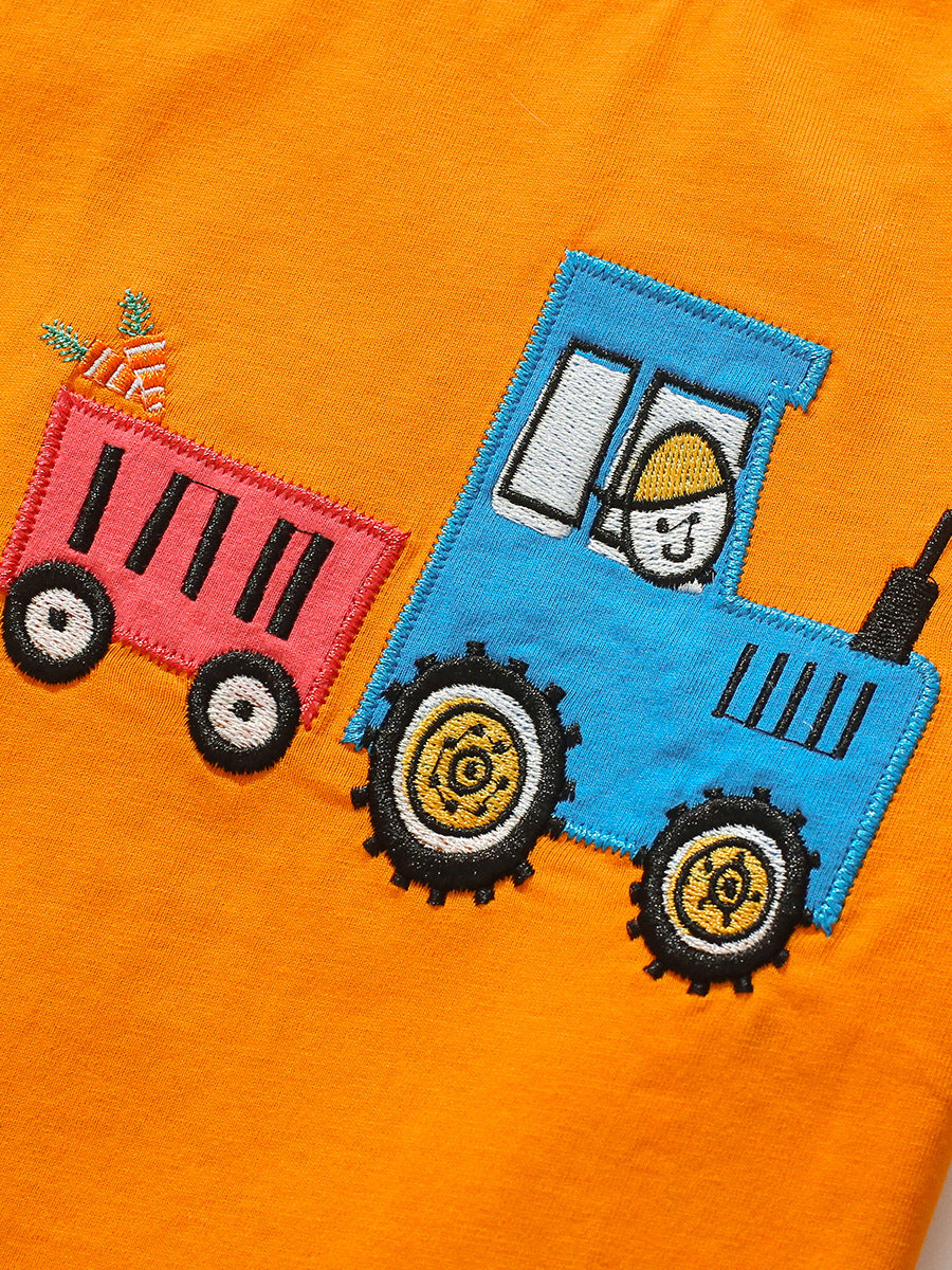 Kids Orange Cotton Printed Regular Fit Round Neck T-shirt