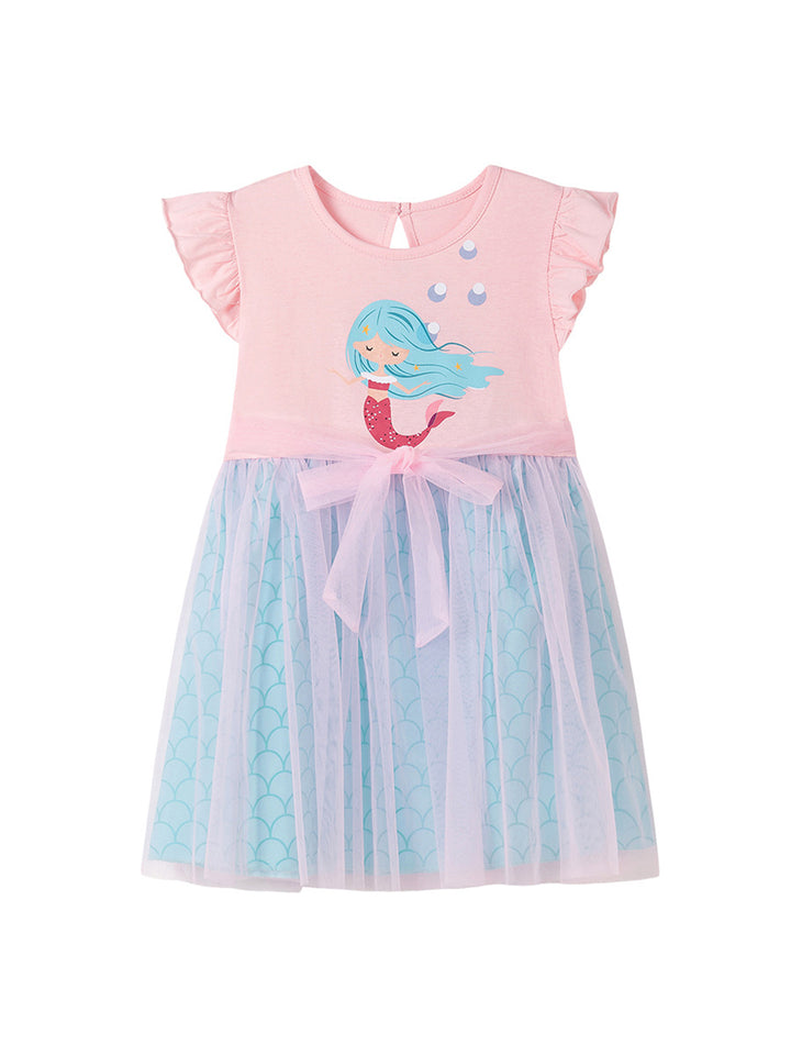 Girls Graphic Print Net A-Line Dress