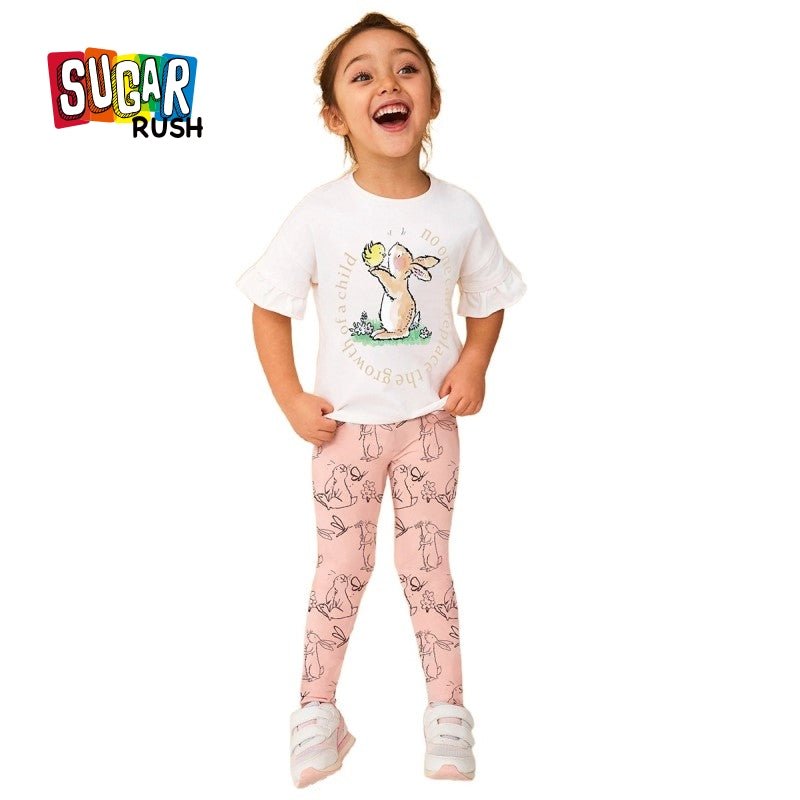 Girls White Printed Pure Cotton T-shirt with Pyjamas
