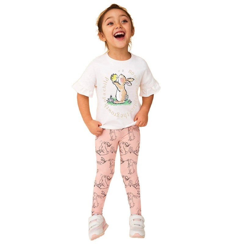 Girls White Printed Pure Cotton T-shirt with Pyjamas