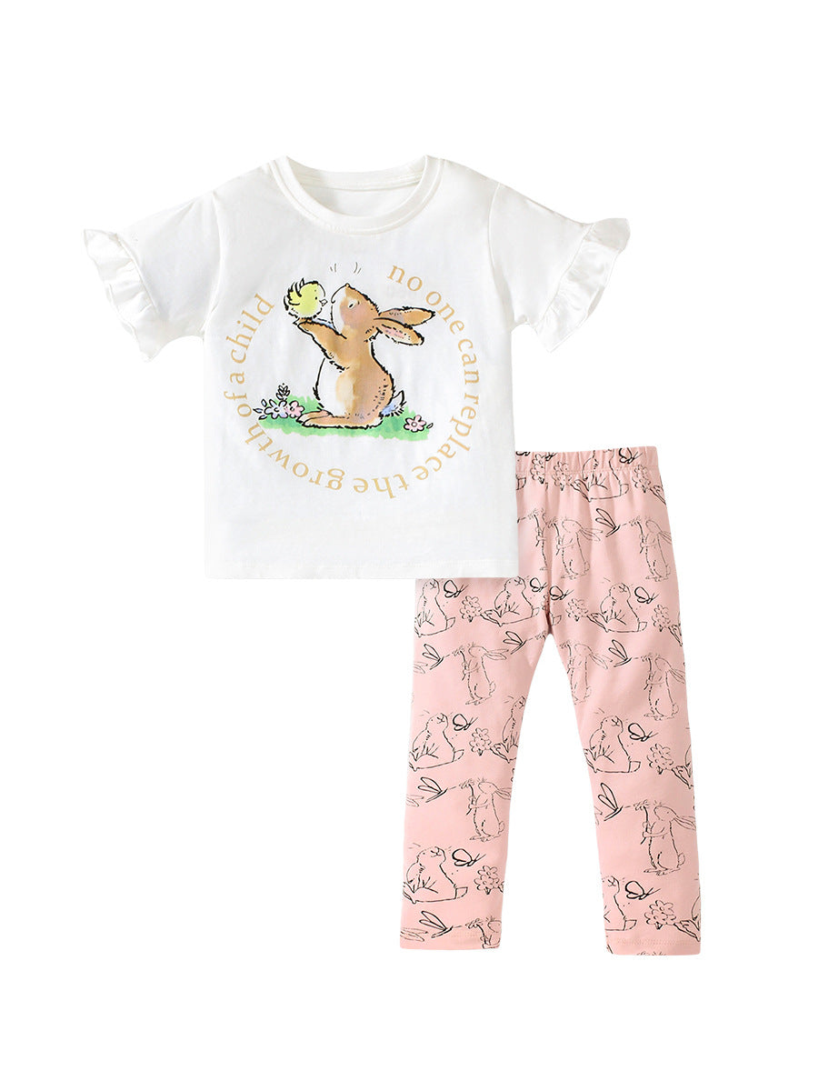 Girls White Printed Pure Cotton T-shirt with Pyjamas