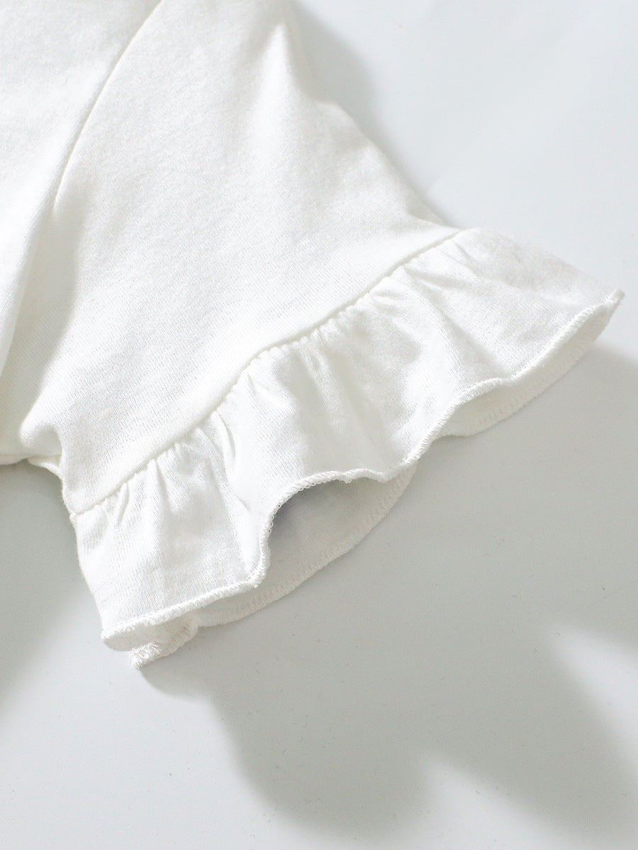 Girls White Printed Pure Cotton T-shirt with Pyjamas