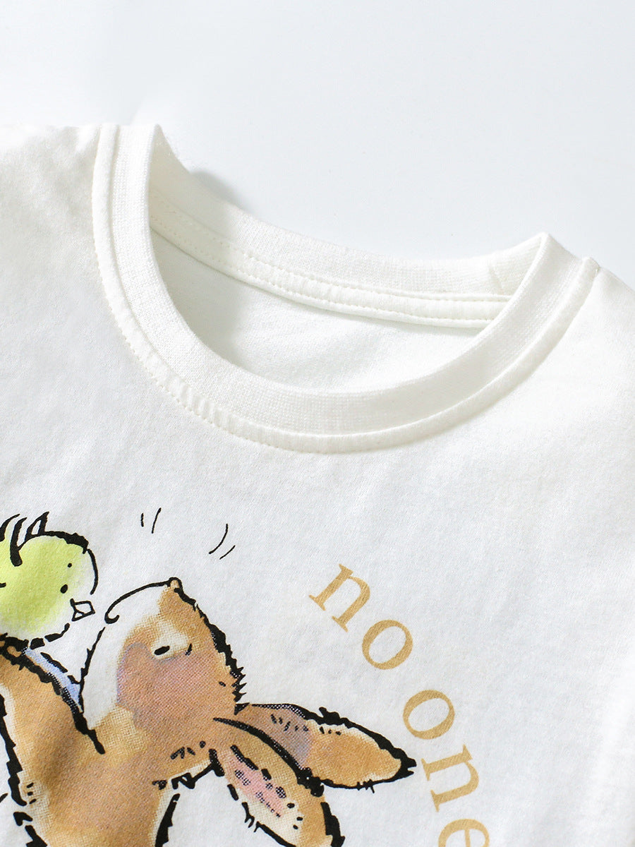 Girls White Printed Pure Cotton T-shirt with Pyjamas