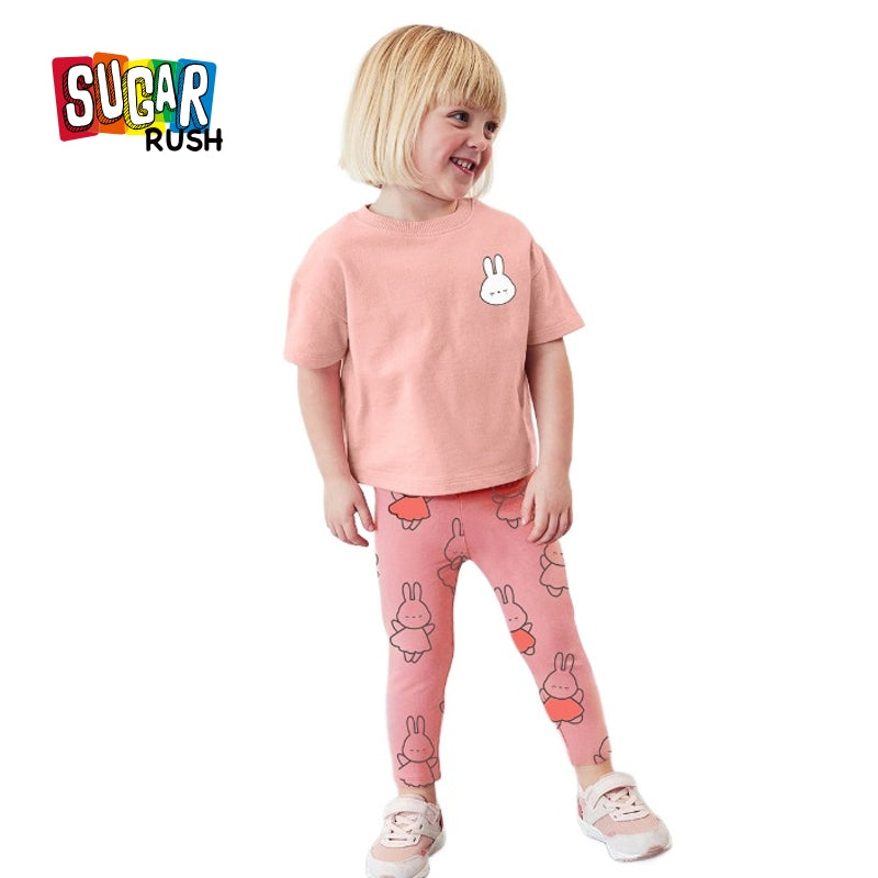 Girls Pink Printed Pure Cotton T-shirt with Pyjamas