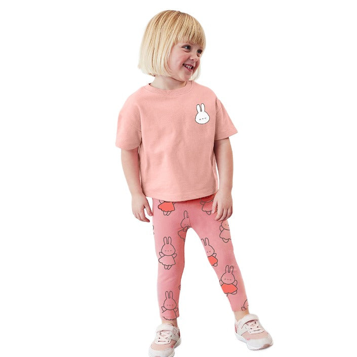 Girls Pink Printed Pure Cotton T-shirt with Pyjamas