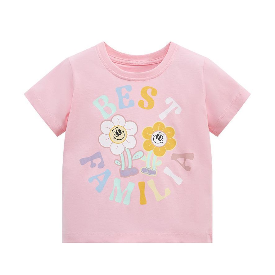 Girls Cotton Floral Printed Regular Fit Round Neck T-shirt