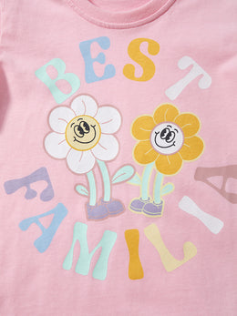 Girls Cotton Floral Printed Regular Fit Round Neck T-shirt