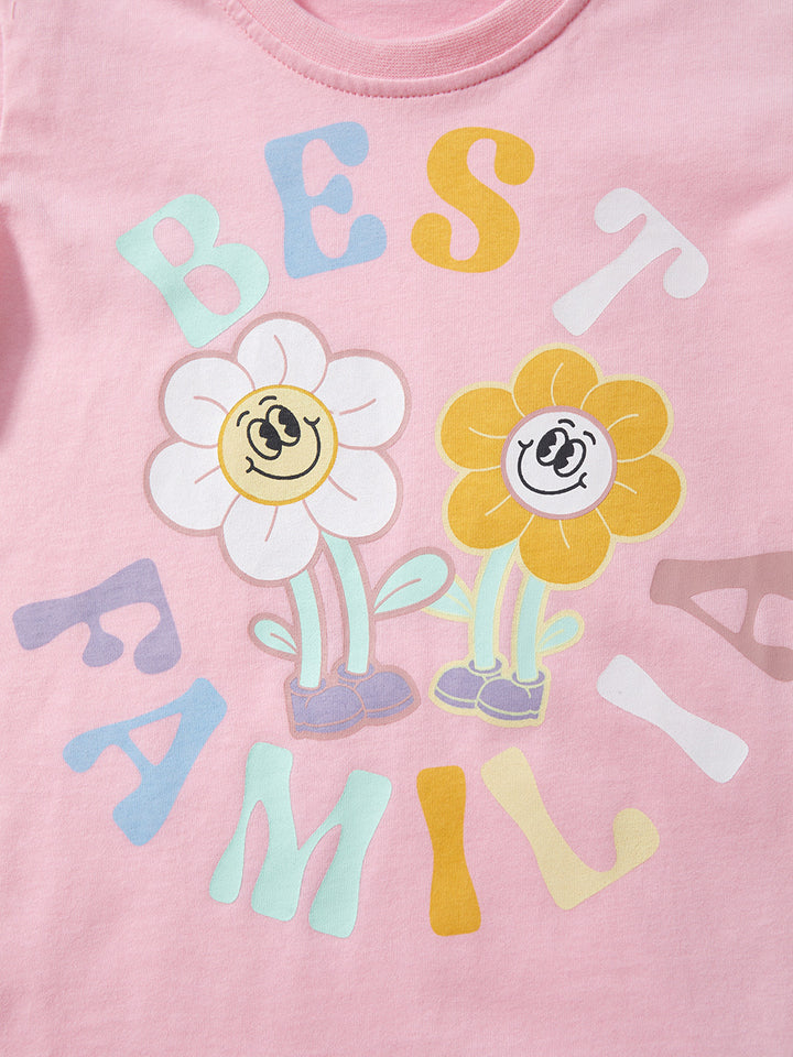 Girls Cotton Floral Printed Regular Fit Round Neck T-shirt