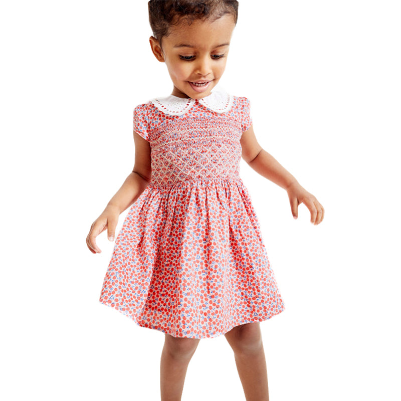 Girls Red Conversational Printed Peter Pan Collar Fit & Flare Cotton Dress
