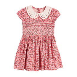 Girls Red Conversational Printed Peter Pan Collar Fit & Flare Cotton Dress