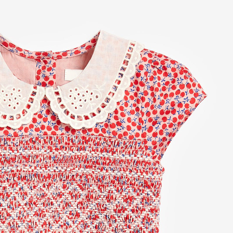 Girls Red Conversational Printed Peter Pan Collar Fit & Flare Cotton Dress