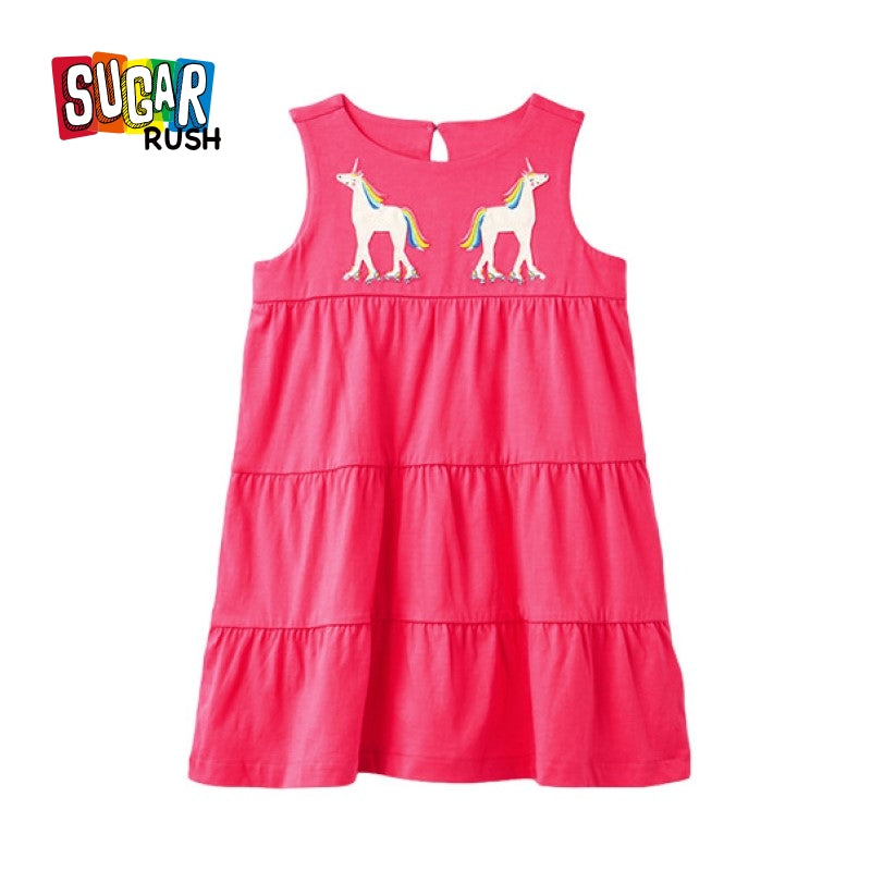 Girls Red Graphic Embroidered Sleeveless Tiered Cotton A-Line Dress