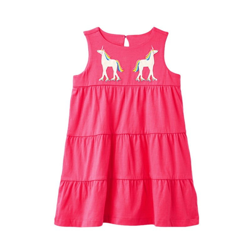 Girls Red Graphic Embroidered Sleeveless Tiered Cotton A-Line Dress