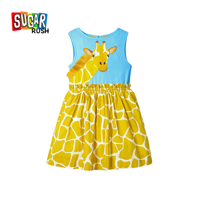 Girls Yellow Animal Printed Round Neck Cotton Fit & Flare Dress