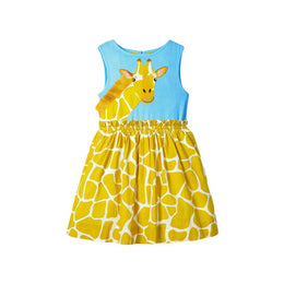 Girls Yellow Animal Printed Round Neck Cotton Fit & Flare Dress