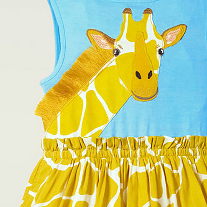 Girls Yellow Animal Printed Round Neck Cotton Fit & Flare Dress